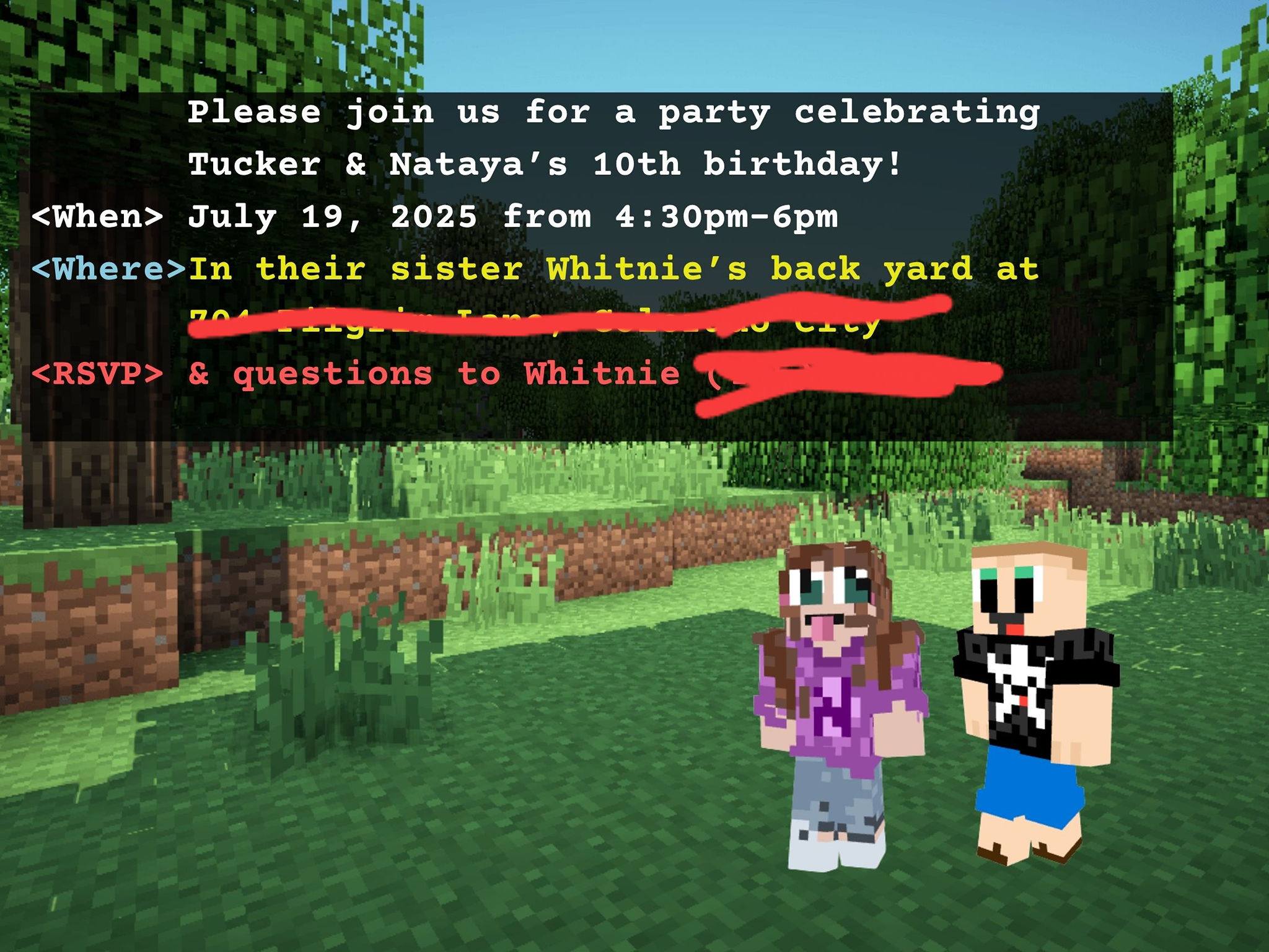 Minecraft-themed invitation for Tucker and Nataya's 10th birthday party on July 19, 2025.