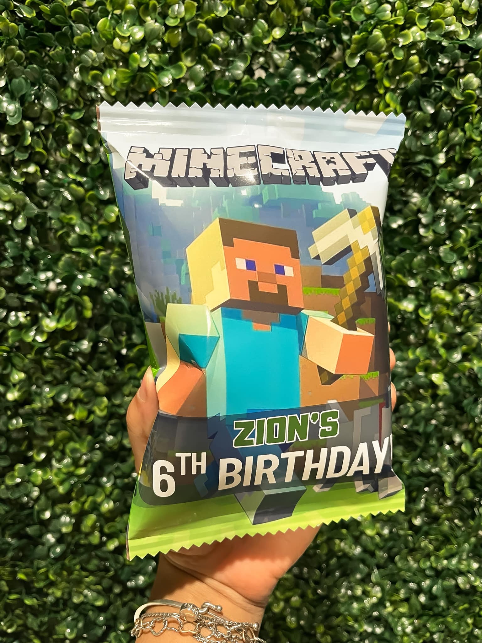 Custom Minecraft themed chip bag for Zion's 6th birthday