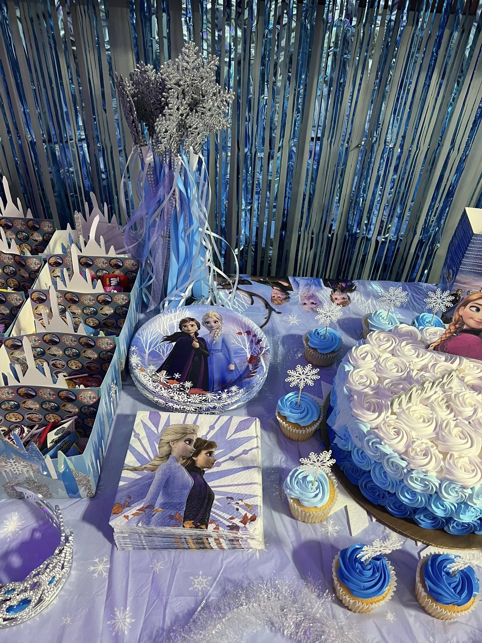 Frozen themed birthday party table with blue ombre cake, character plates, and napkins against a blue fringe backdrop