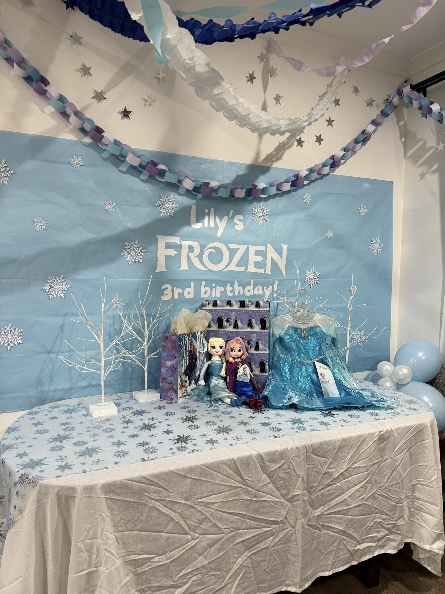 Frozen-themed 3rd birthday party setup with themed backdrop, gift bag, Anna and Elsa dolls, and Elsa dress.