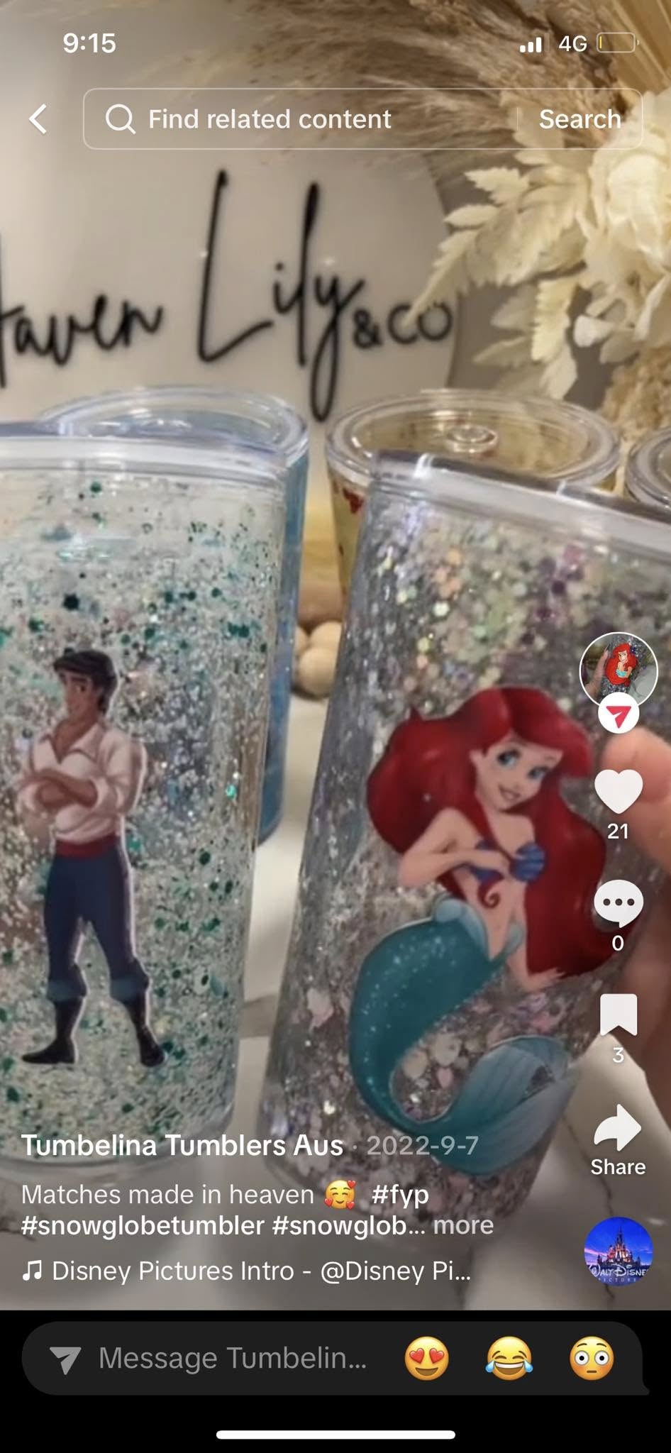 Two handmade snow globe tumblers featuring The Little Mermaid characters Ariel and Prince Eric with glitter accents.