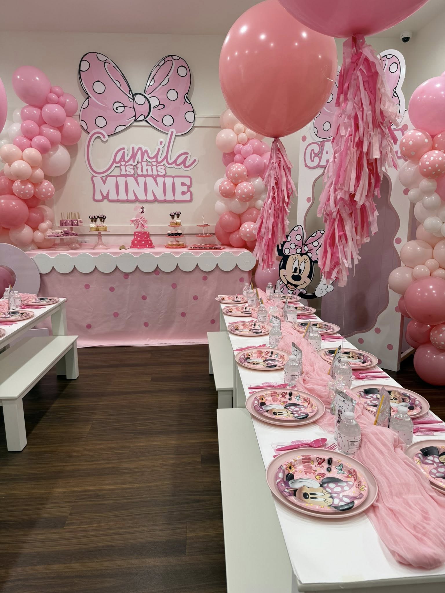 Minnie Mouse themed birthday party decorations with pink balloons, themed plates, and a dessert table.