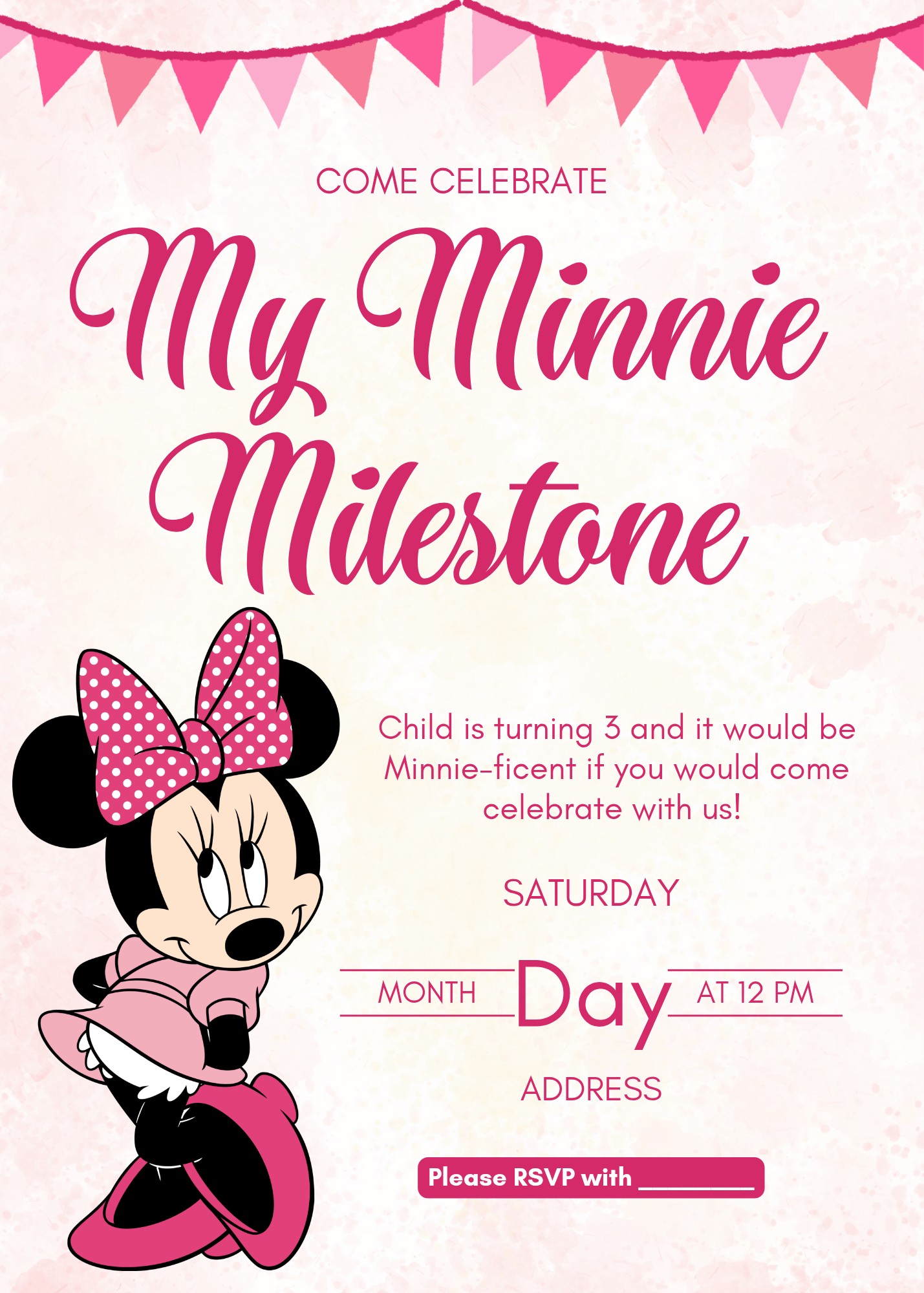 Minnie Mouse themed birthday party invitation template with pink accents and space for event details.