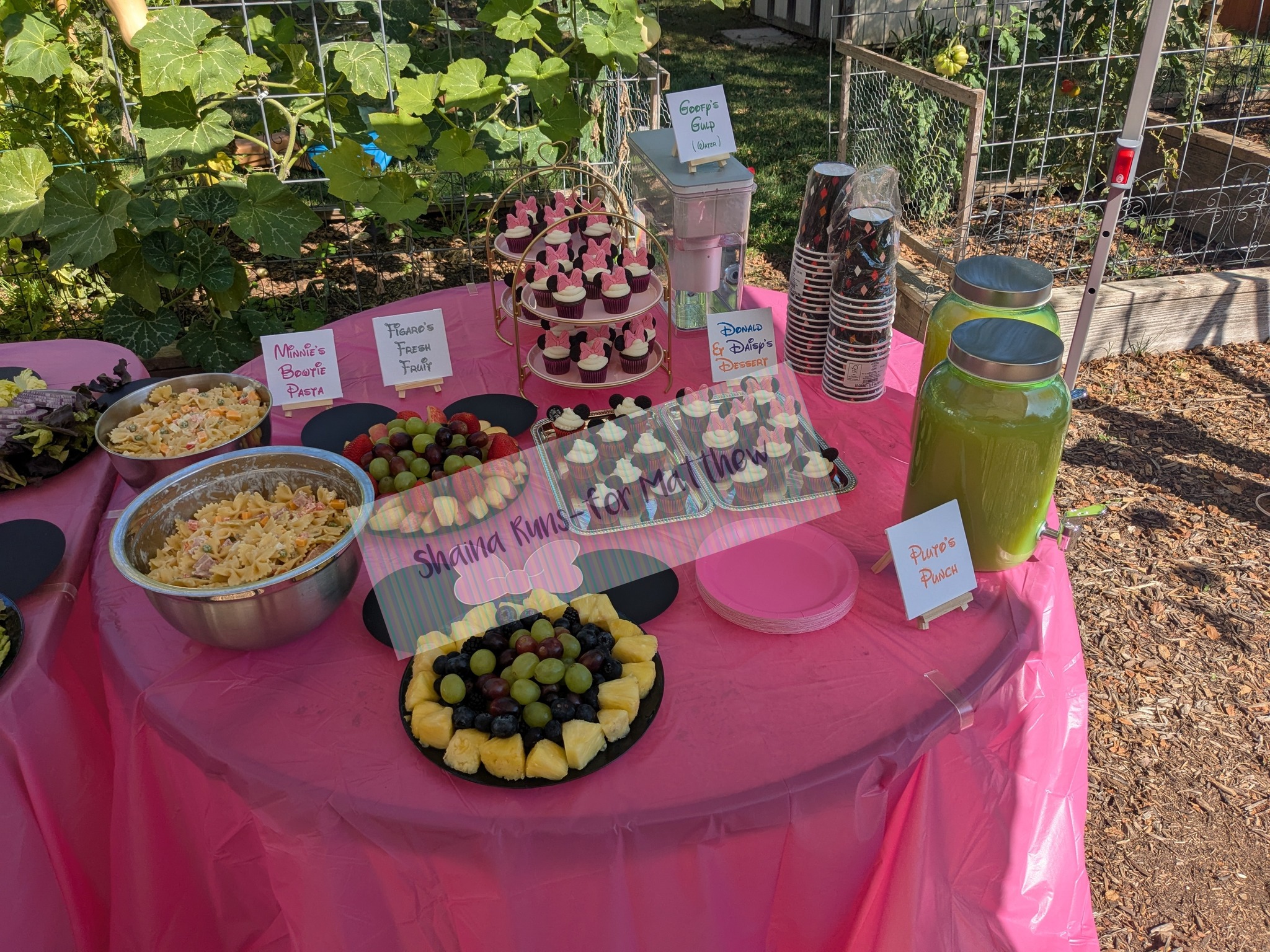 Table spread with Disney-themed party food, fruit platters, and cupcakes on a pink tablecloth.