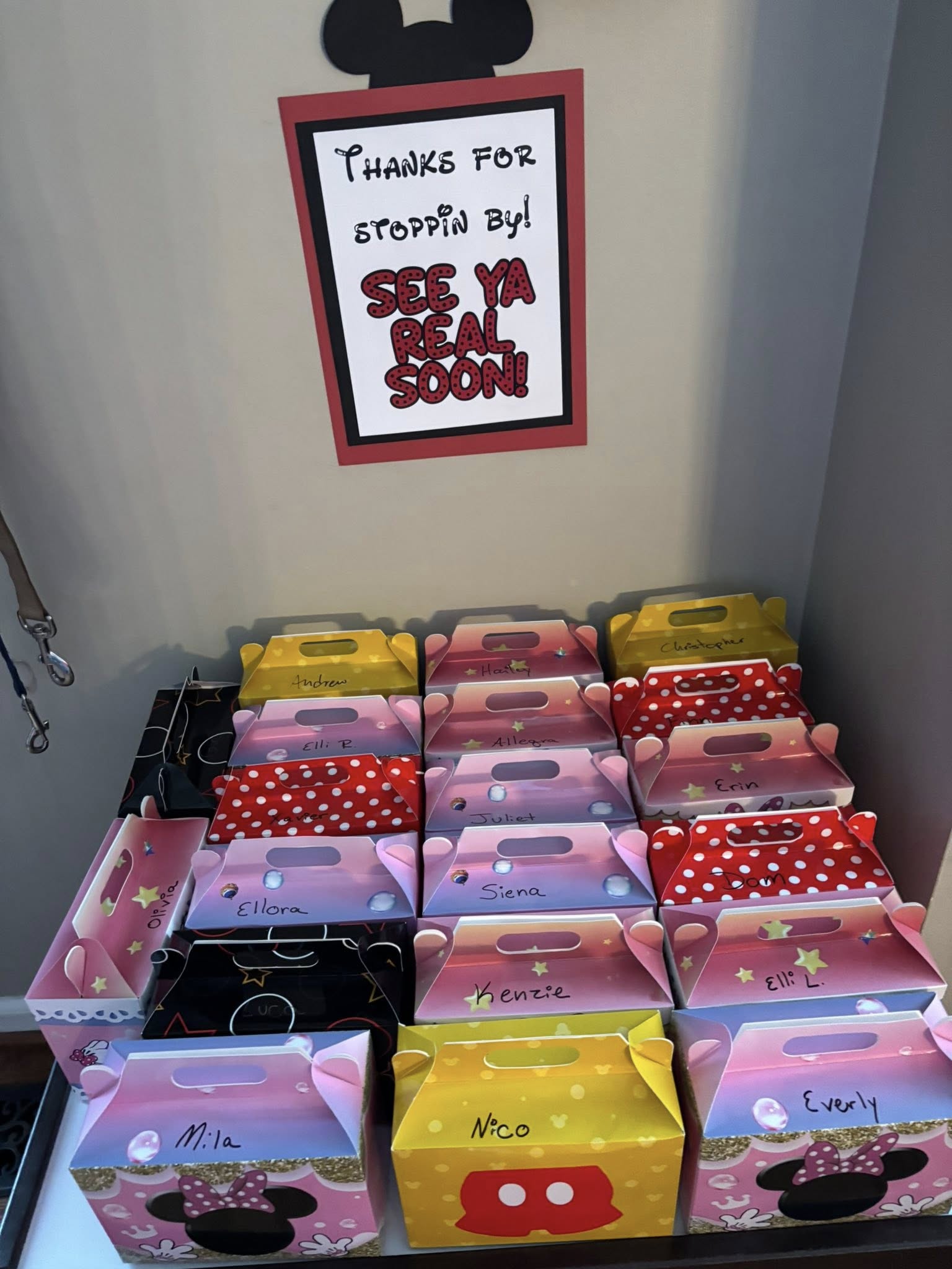 Personalized Mouse-themed party favor boxes with names, displayed under a 'See Ya Real Soon' sign.