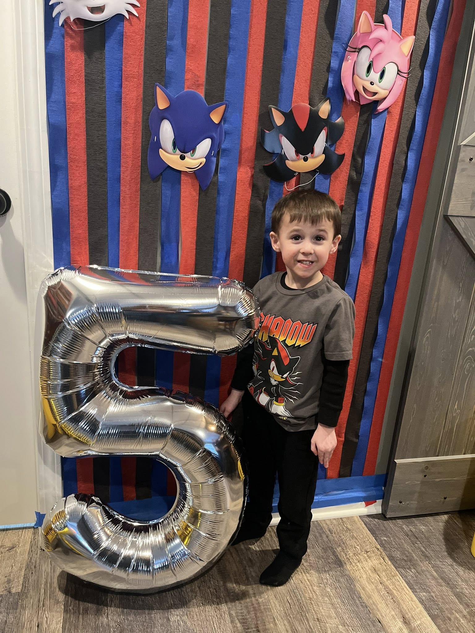 Young boy celebrating his 5th birthday with a Sonic the Hedgehog themed party backdrop