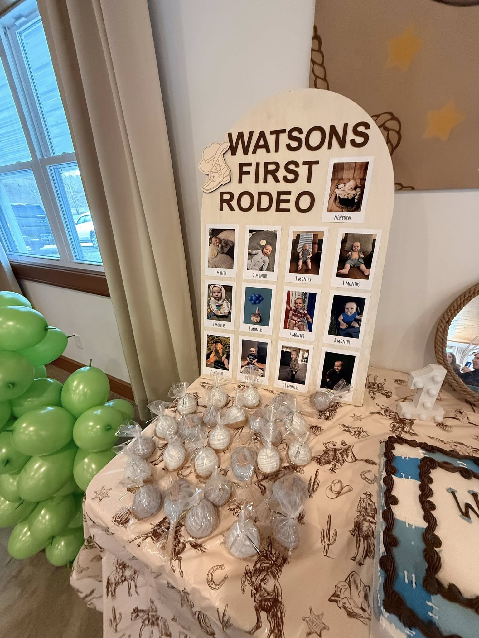 Watsons First Rodeo milestone photo board displayed next to cake pops and a cake on a western themed dessert table.