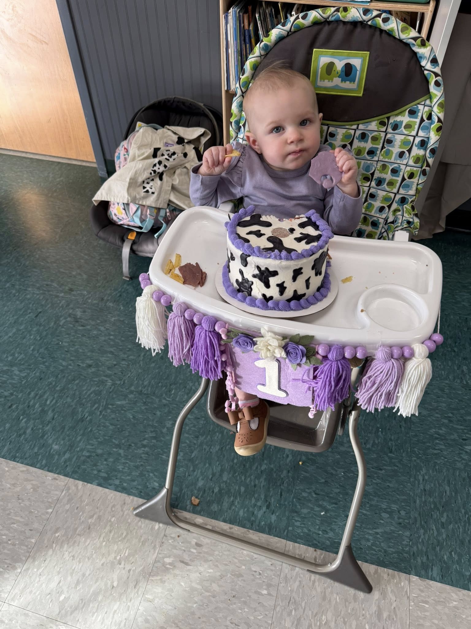 One-year-old child in a high chair decorated with purple tassels eating a cow-print smash cake.