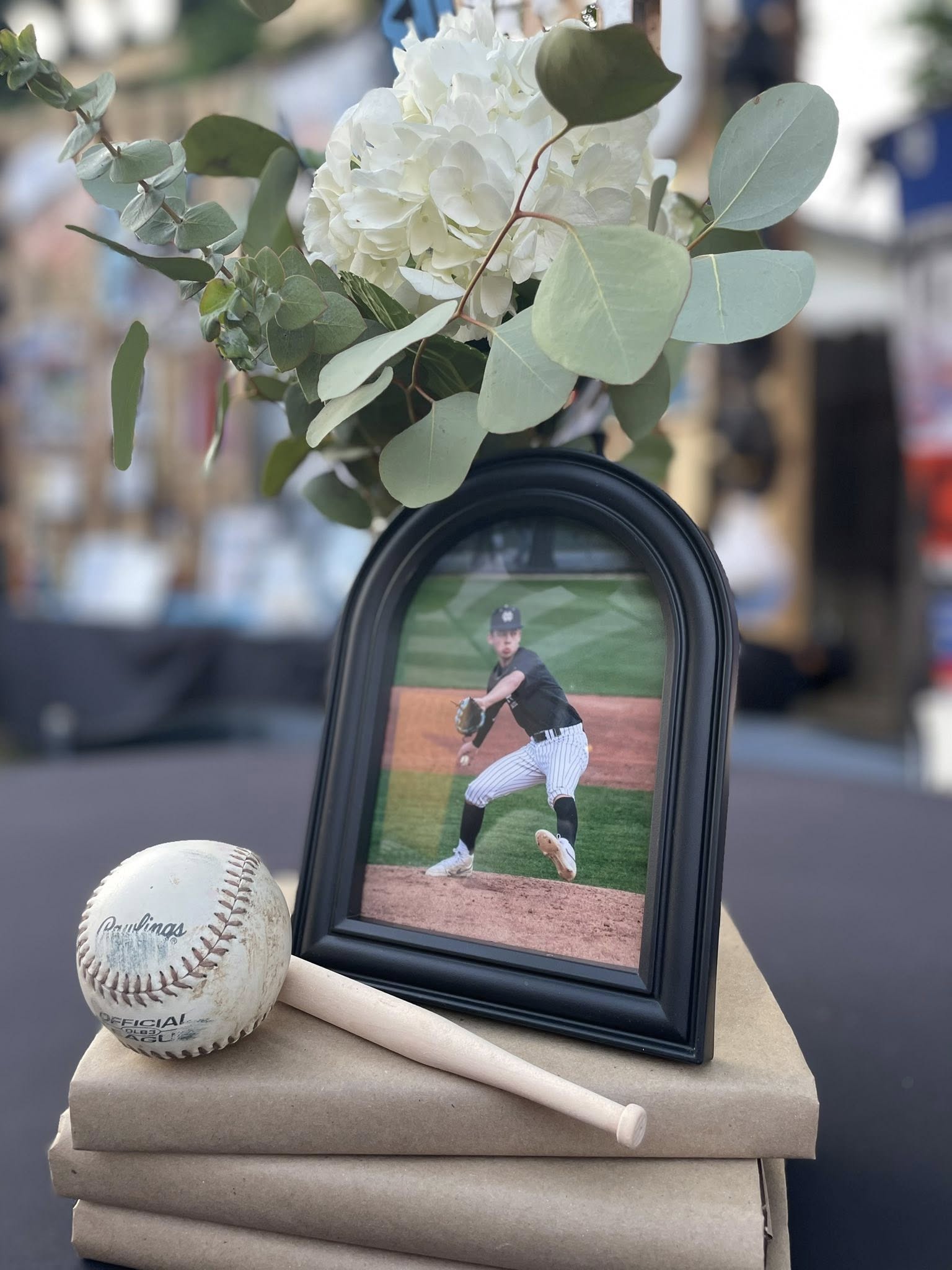 Framed photo of a baseball player on a pitcher's mound, displayed with a baseball and miniature baton on books.