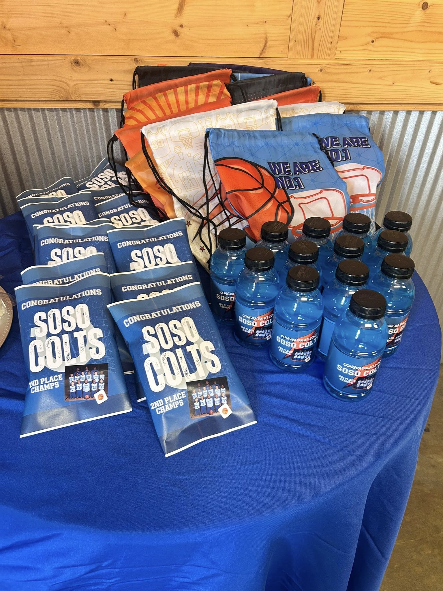 Soso Colts basketball party favor bags and blue drinks for 2nd place championship celebration.