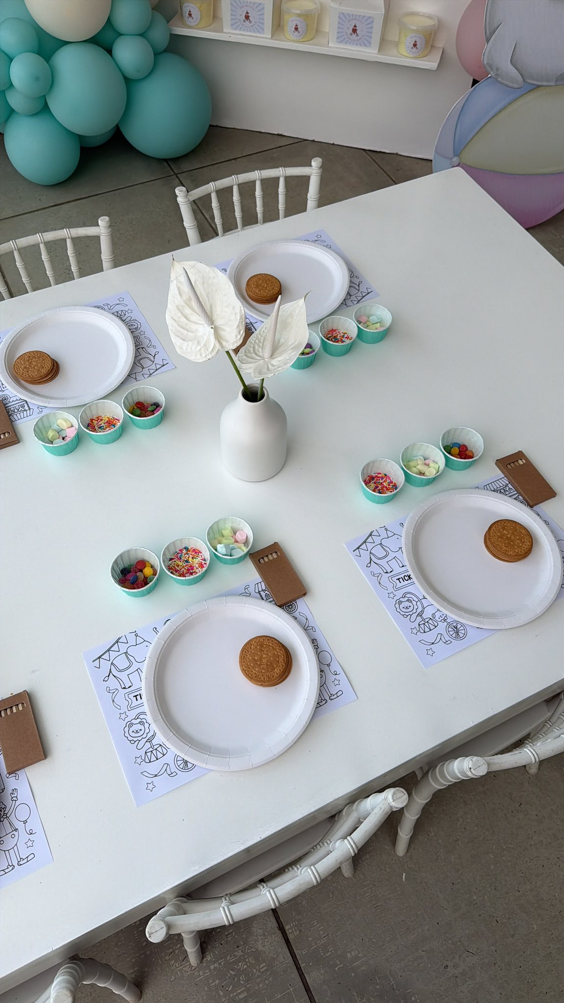 Kids party table set with coloring placemats, snack plates with cookies, sprinkles, and candy, and a flower vase.