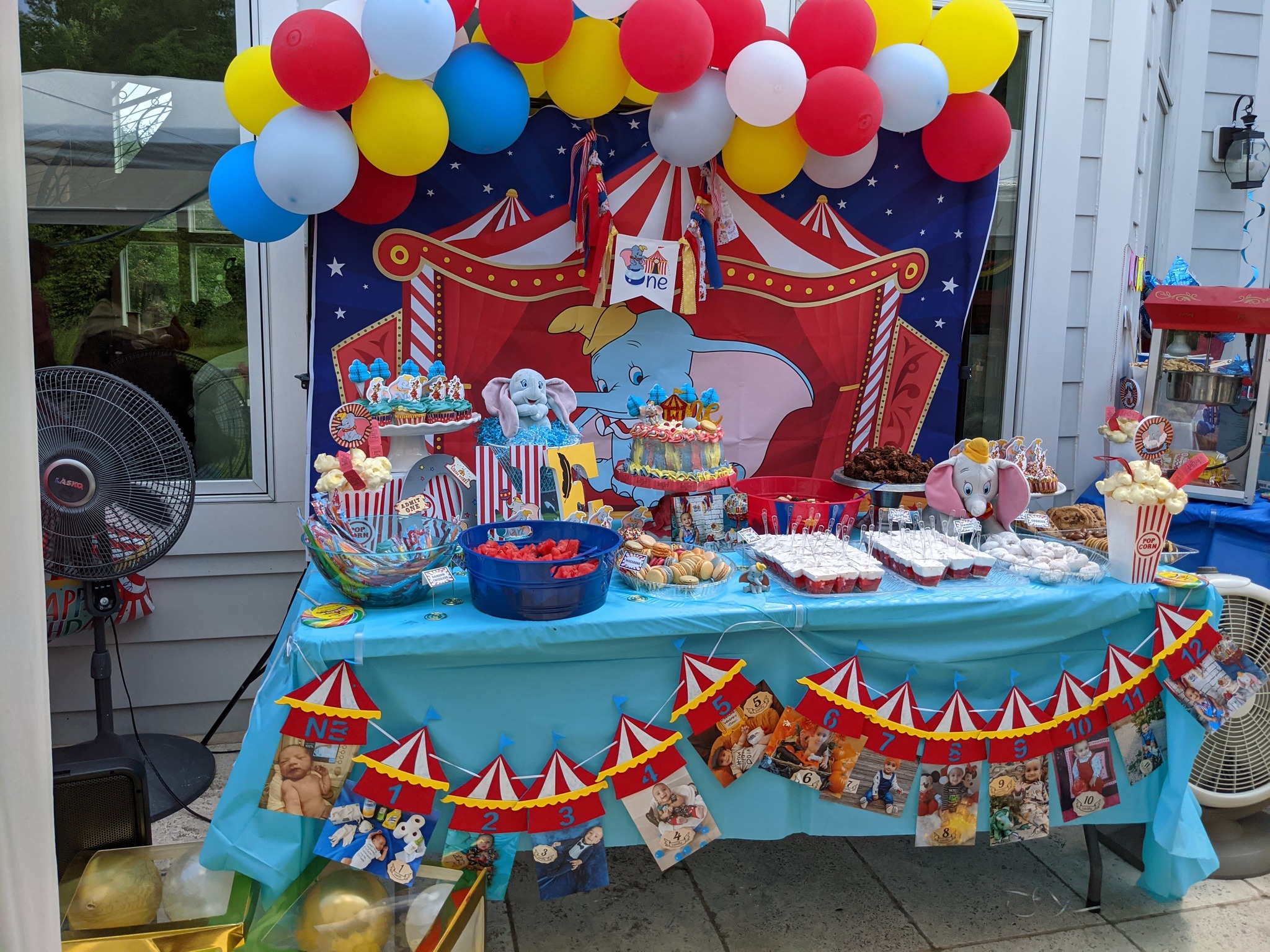 Dumbo-themed first birthday party dessert table with a circus backdrop, colorful balloons, and a photo monthly banner.