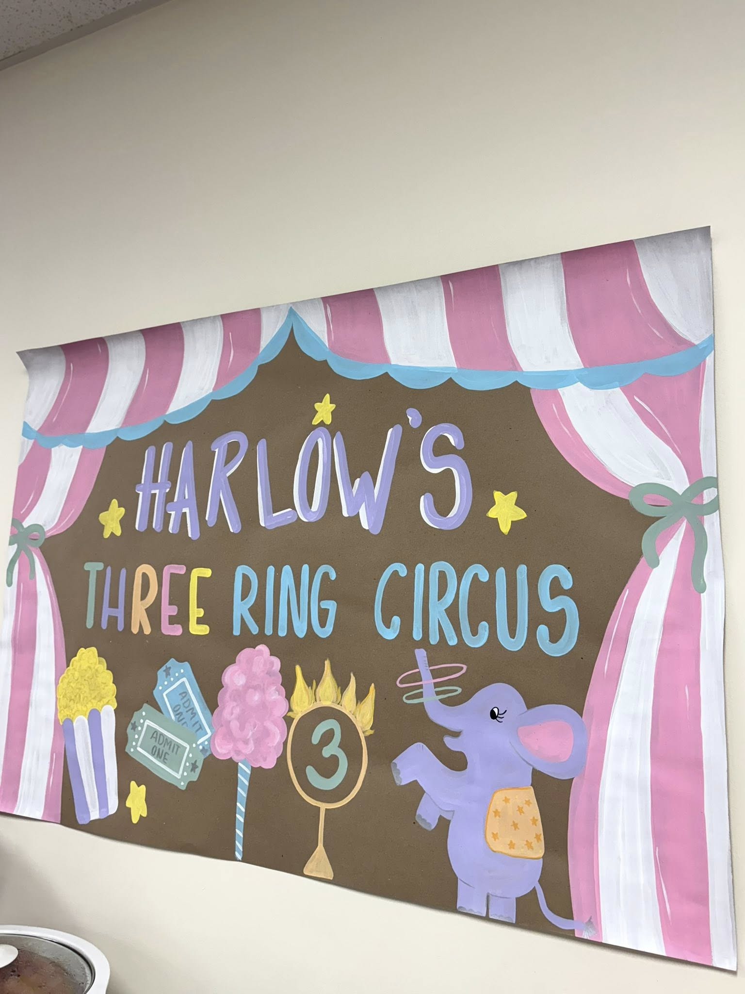 Hand-painted circus theme party sign for Harlow's third birthday featuring an elephant, cotton candy, and tickets.