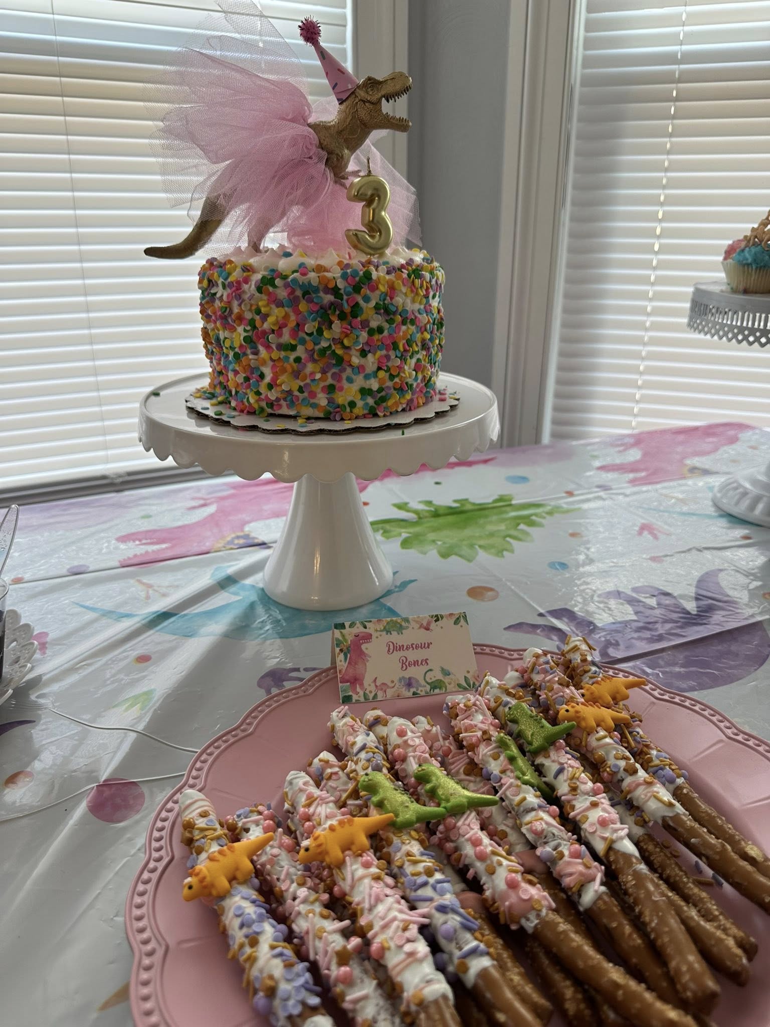 Dinosaur-themed birthday party setup featuring a sprinkle-covered cake with a tulle-skirted T-Rex and pretzel rods.