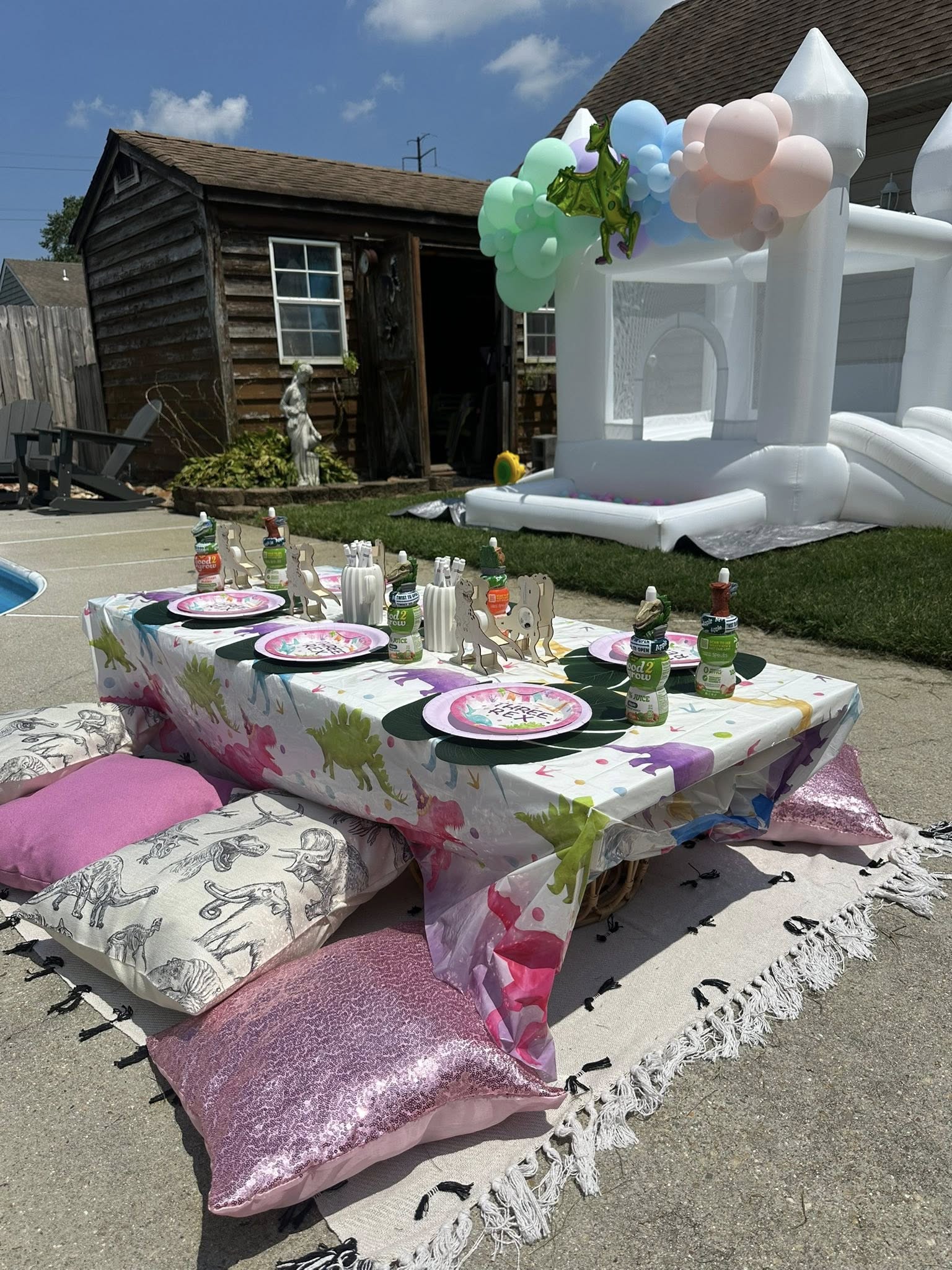 Dinosaur themed low picnic table setup with colorful pillows and a white bounce house in a backyard.