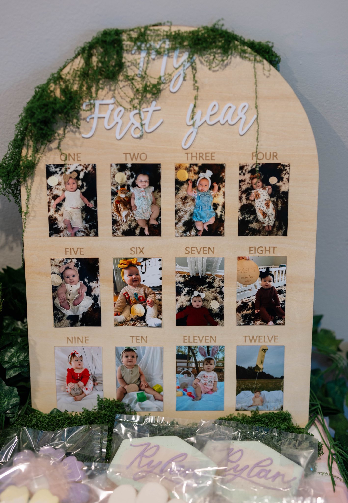 Wooden baby milestone board displaying twelve monthly photos of a baby decorated with faux greenery.