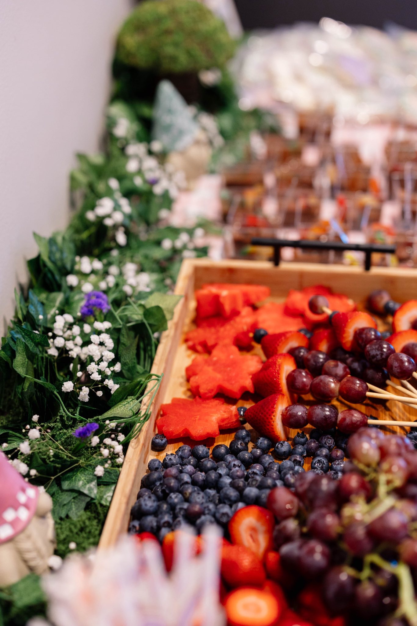 Catering tray featuring star-shaped melon slices, fruit skewers with strawberries and grapes, and fresh blueberries.
