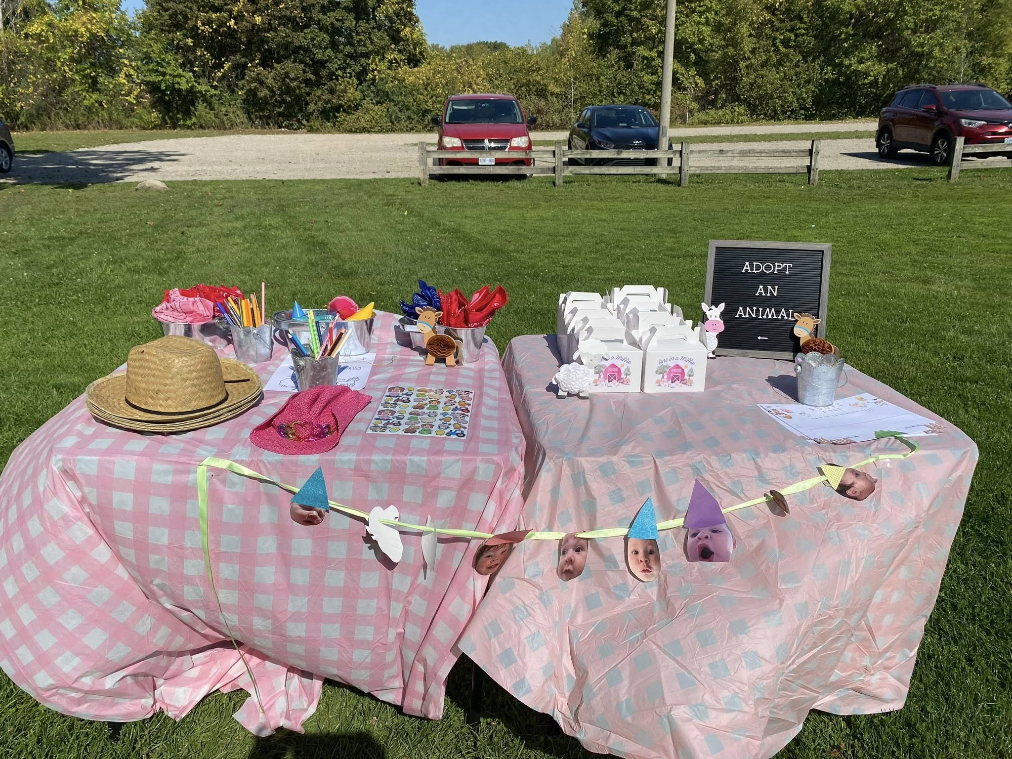 Tables arranged for a party with Adopt an Animal sign, party favors, and baby themed decorations.
