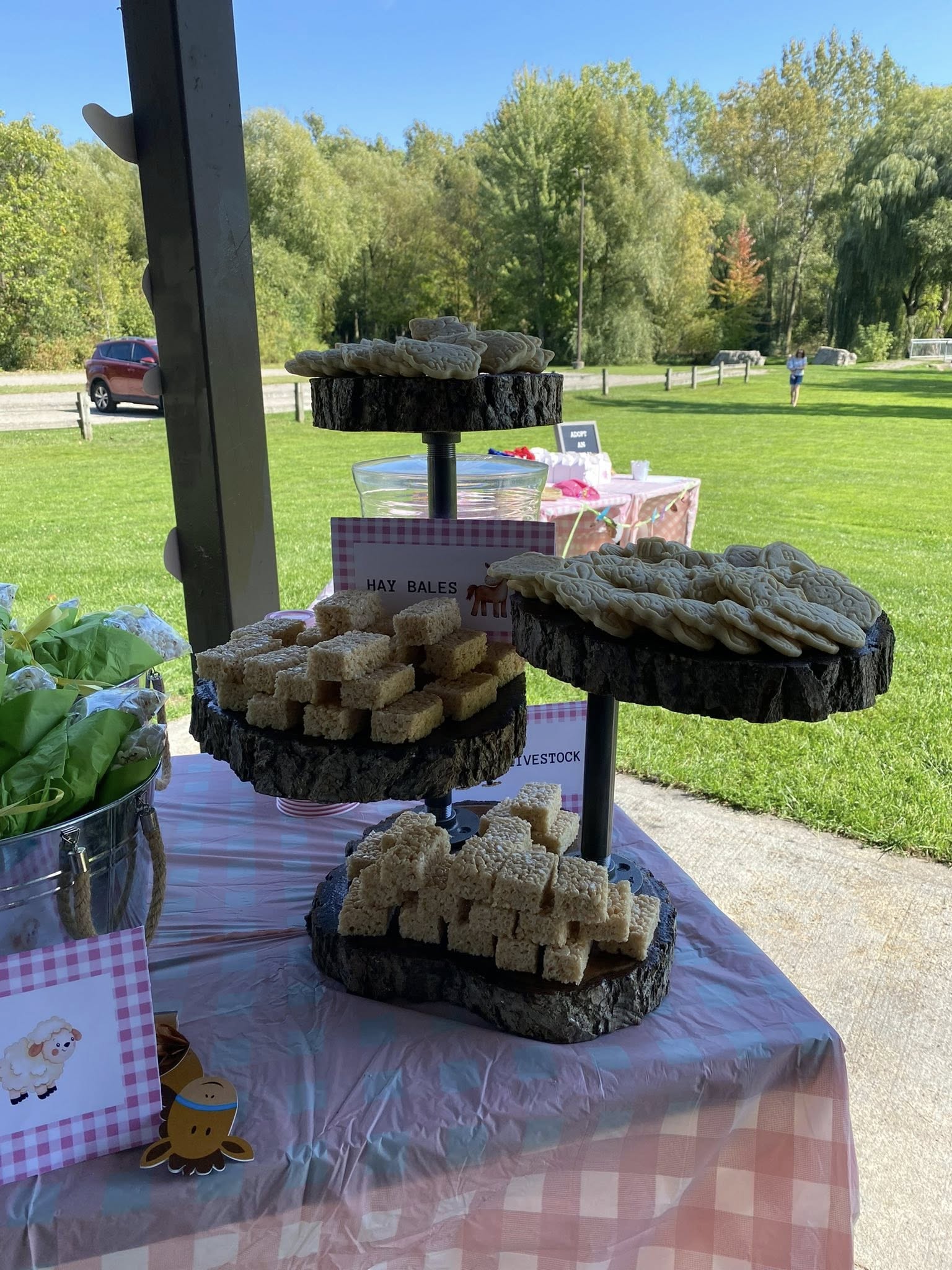Tiered dessert display with rice crispy treats labeled as hay bales at a farm-themed party