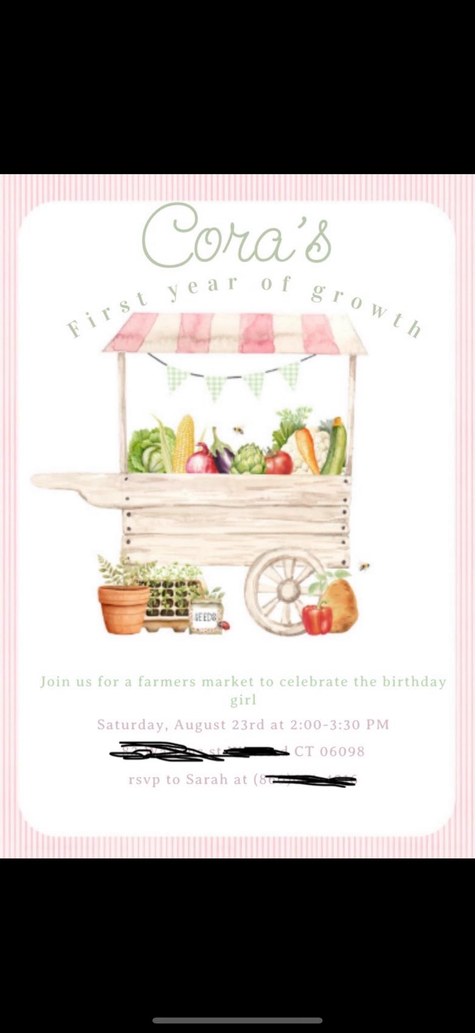 Cora's first birthday invitation with a farmers market theme, illustration of a produce cart with vegetables.