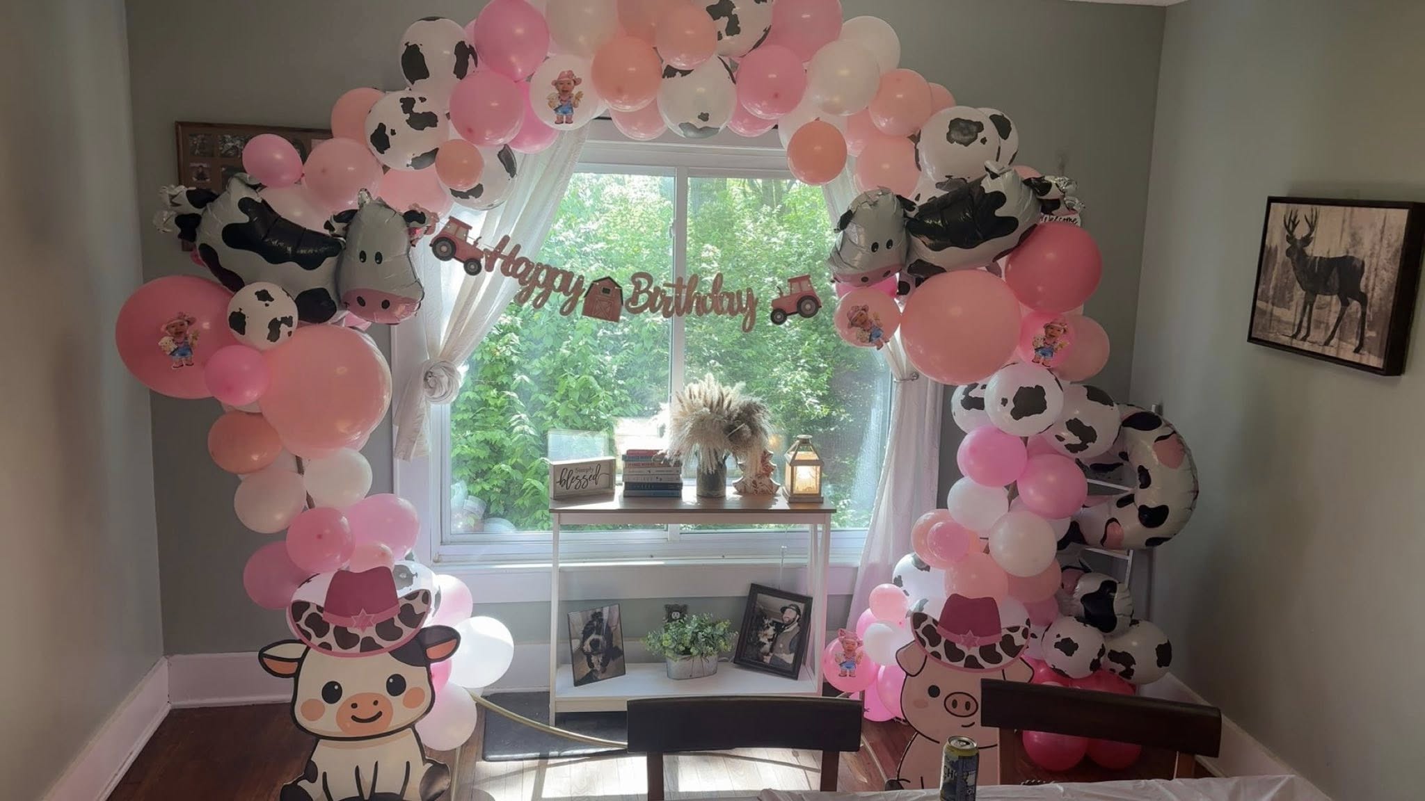 Cow-themed birthday balloon arch with pink and cow-print decorations, surrounding a window with a Happy Birthday sign.