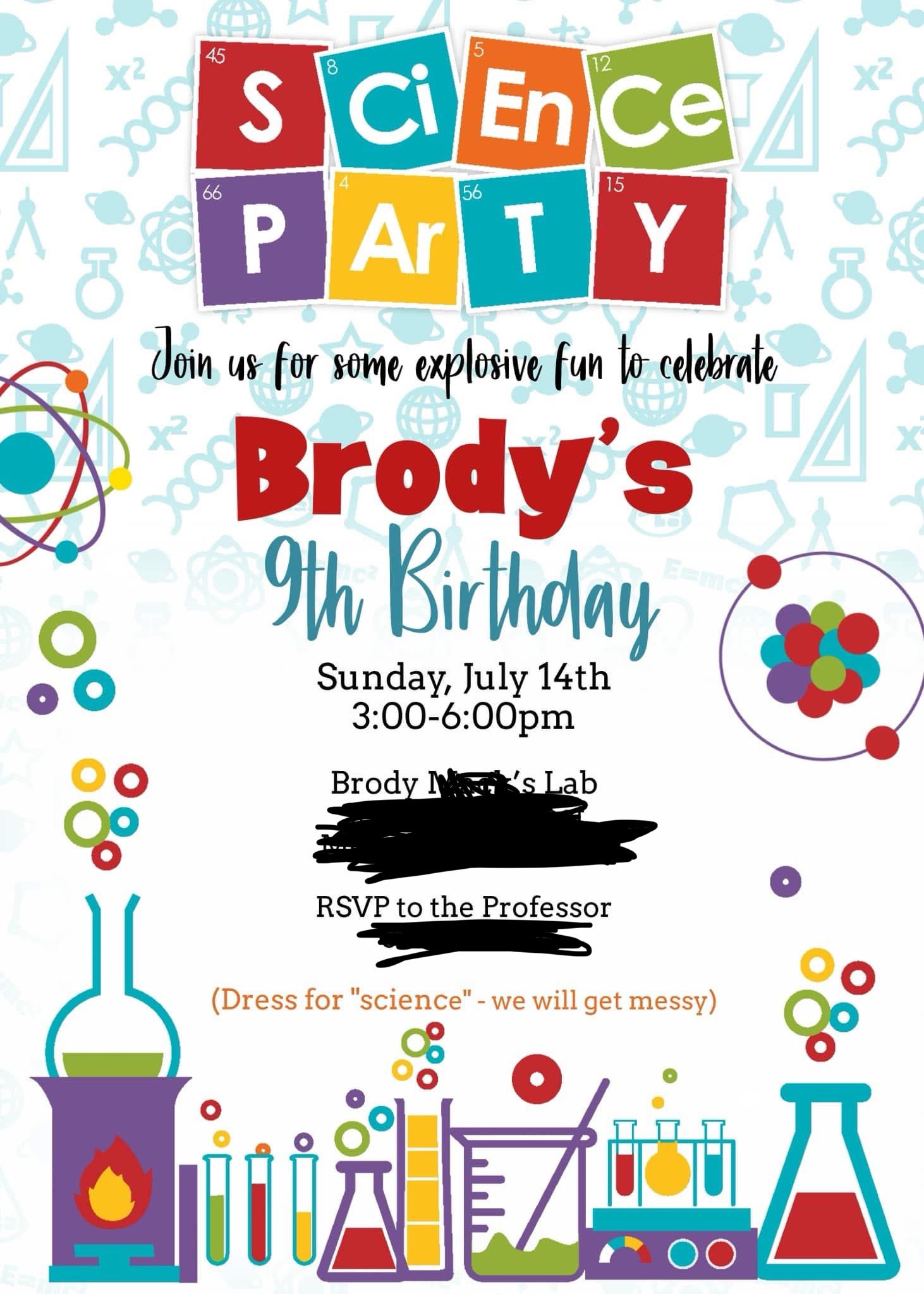 Science party invitation card for Brody's 9th birthday featuring laboratory equipment and periodic table text