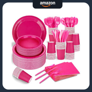 B0BQZWF4YX.jpg 228-Piece Hot Pink Barbie-Themed Disposable Party Dinnerware Set