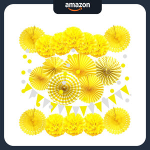 B0B3LYF82Z.jpg Curious George Party Decorations: Paper Fans and Bunting Set