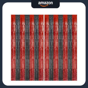 B0D5CJBQVV.jpg Elvis Presley Party Backdrop: Red & Black Foil Fringe Curtains