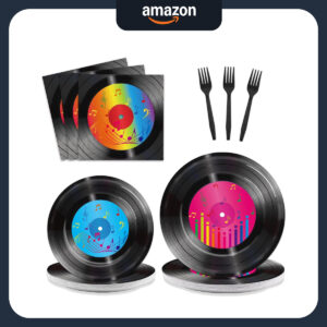 B0C73M9PQF.jpg 96-Piece 50s Retro Record Party Tableware Set for 24 Guests