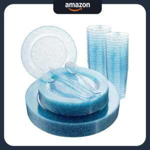 B0CZN9JB4Z.jpg 180-Piece Blue Glitter Disposable Dinnerware Set for Parties
