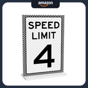 B0GCM4NHV9.jpg Race Car Birthday Table Sign: Speed Limit 4 Acrylic Decor