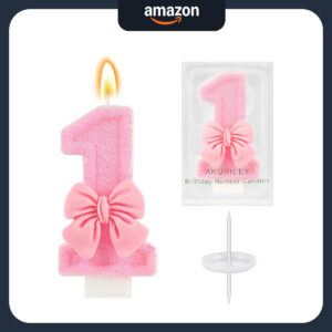 B0F42K85MR.jpg Pink Number 1 Birthday Candle Bow Cake Topper for Parties