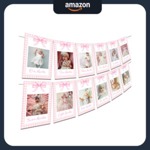 B0DD3D6SPP.jpg Pink Bow 1st Birthday Photo Banner for Girls Party Decorations