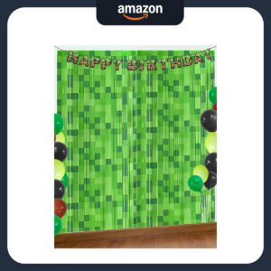 B0F91GD1Q3.jpg Green Pixel Miner Foil Fringe Curtains for Gamer Party Decor