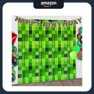 B0FHZNXH52.jpg Green Foil Fringe Curtains for Minecraft Gaming Birthday Party