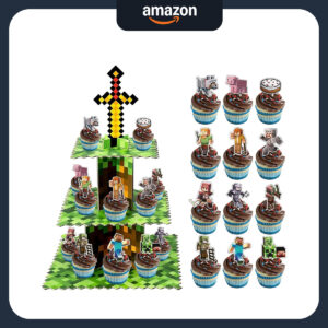 B0GCHXMJBY.jpg Pixel Minecraft Cupcake Stand with 24 Toppers for Parties