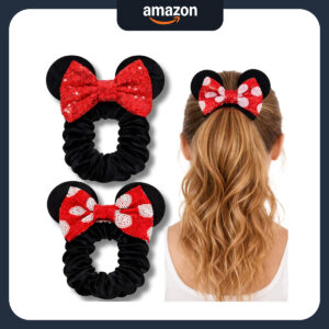B09FVMF2X4.jpg Minnie Mouse Velvet Bow Scrunchies with Sequin Ears - 2 Pack