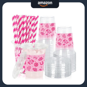 B0FPCKG77V.jpg Whaline 50Pcs Pink Pony Party Cups with Lids and Straws 12oz
