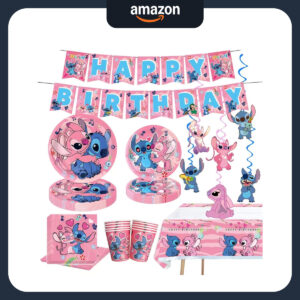 B0FGNZMZNZ.jpg Pink Stitch Birthday Party Supplies Set - 88-Piece Tableware