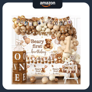 B0F2ZZL83B.jpg Beary First Birthday Decorations: 147pc Party Supplies Set