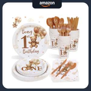 B0DPQV9LRV.jpg Teddy Bear 1st Birthday Party Tableware Set for 25 Guests