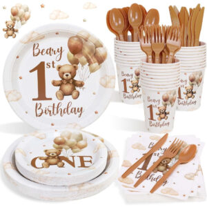 B0DPQV9LRV.jpg Teddy Bear 1st Birthday Party Tableware Set for 25 Guests