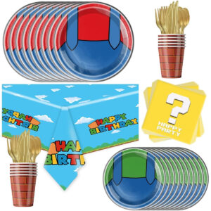 B0D895MYW5.jpg 81-Piece Super Mario Birthday Party Tableware and Decor Set