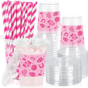 B0FPCKG77V.jpg Whaline 50Pcs Pink Pony Party Cups with Lids and Straws 12oz