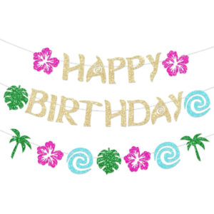 B0DY6MSQZC.jpg Moana Birthday Banner Glittery Gold Tropical Party Decoration