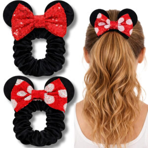 B09FVMF2X4.jpg Minnie Mouse Velvet Bow Scrunchies with Sequin Ears - 2 Pack