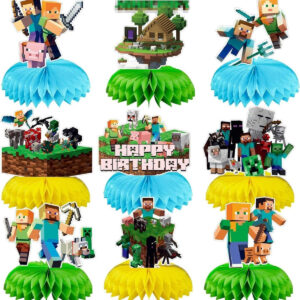 B0FQJJYG4H.jpg Pixel Birthday Party Honeycomb Centerpieces - 9 Piece Set