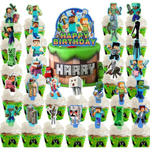 B0FGTPTDVV.jpg 30 Pcs Pixel Gamer Cake Topper Set for Minecraft Birthday Party