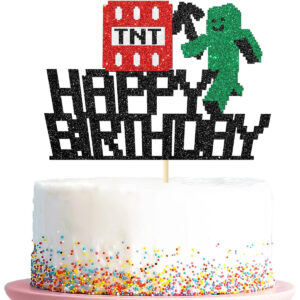 B0BJ1F6R5R.jpg Minecraft Pixel Style Happy Birthday Cake Topper Decoration